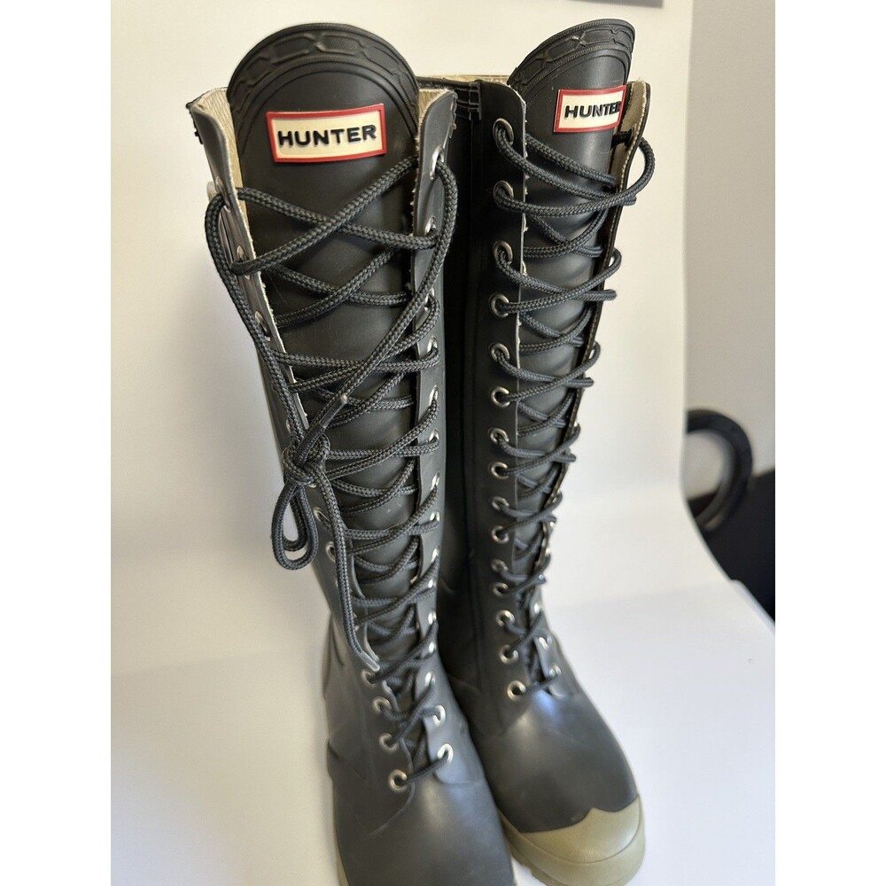 Hunter Waterproof Tall Lace-Up Hunting Boots Black/Beige US Mens 6 / Women 7
